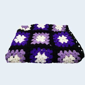 Handmade Granny Square Crochet Afghan Blanket Purple Black White 36"x54" Cozy